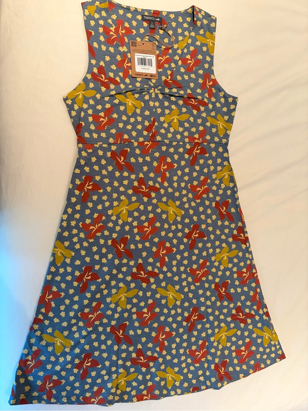 Toad&Co Blue Sleeveless Dress with Red and Yellow Bow Print